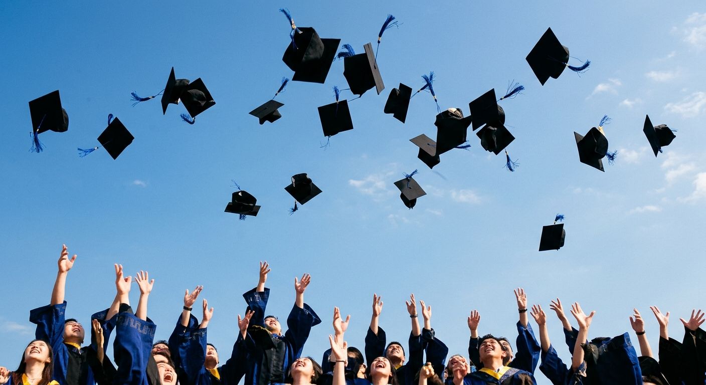 Diplômés lançant leur toque vers le ciel lors d’une remise de diplômes